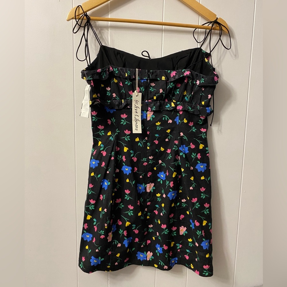 NWT For Love and Lemons Robin Mini Dress Floral Tie Straps Linen Black Frilly - Picture 11 of 16
